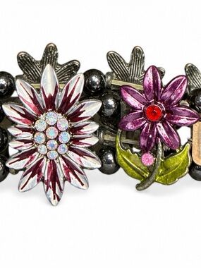 VTG Bracelet Pure Floral Link‎ Beaded Flower Leaf Chain Jewelry Purple Green